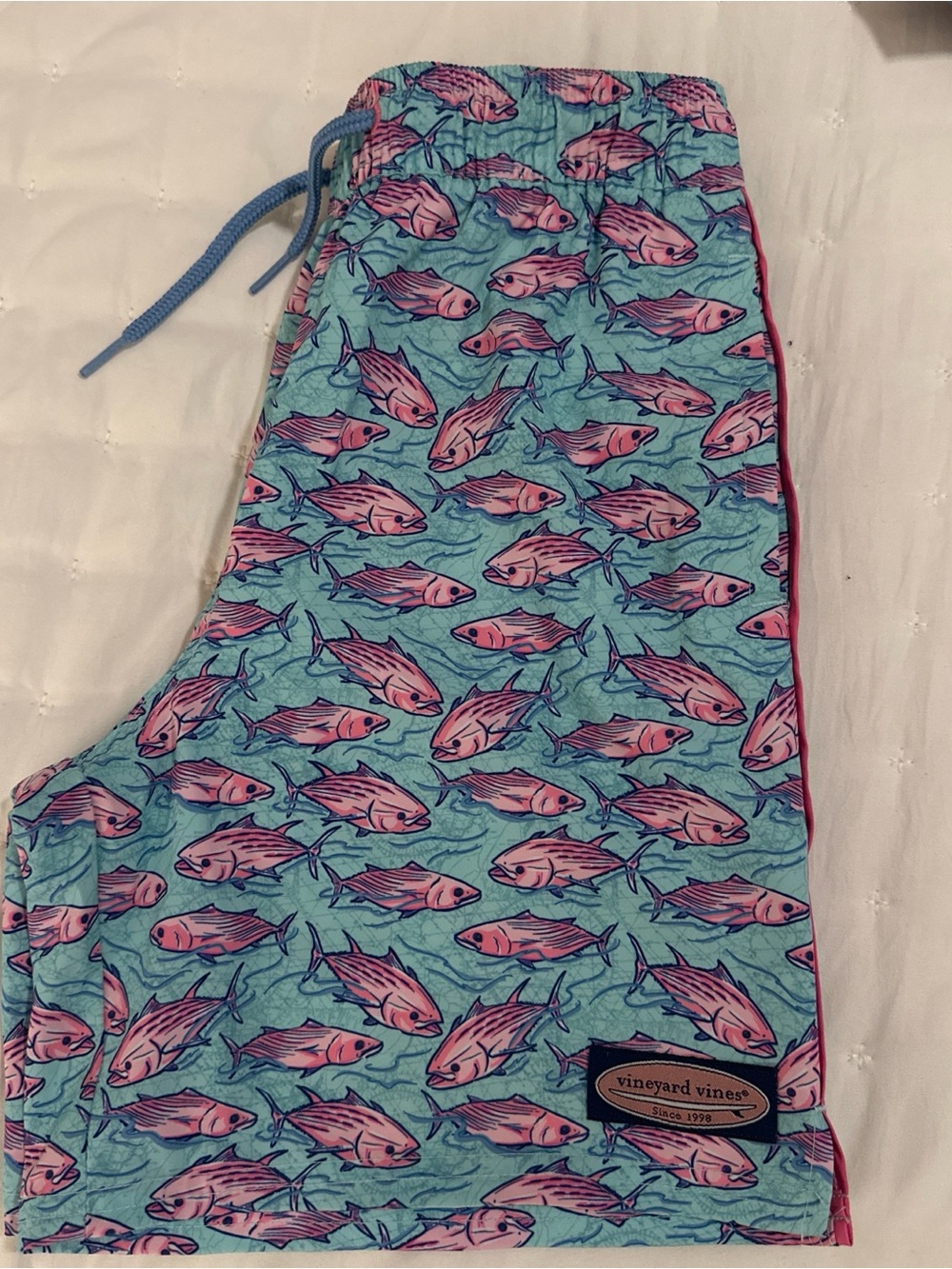 Vineyard Vines Turquoise Swim Shorts with Pink Fish Print